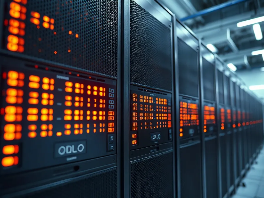 Close-up of a high-tech server rack with glowing amber indic